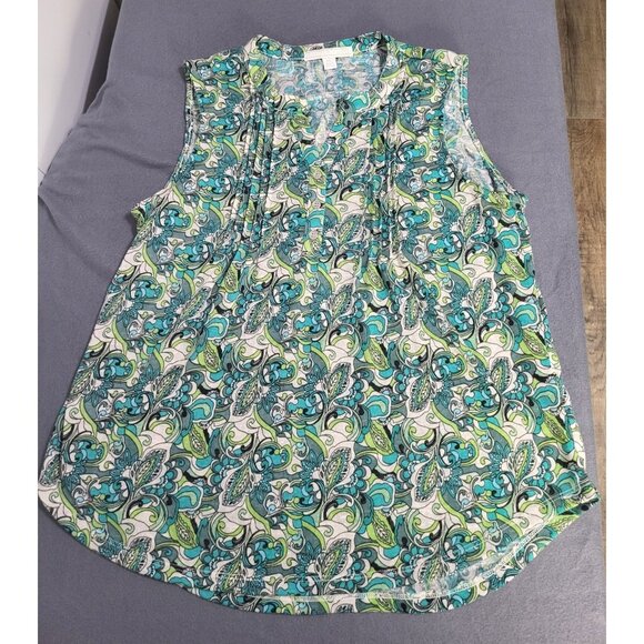 JUNIPER + LIME Womens XL Sleeveless Blouse Pleated Paisley Print Green Blue - Picture 1 of 8